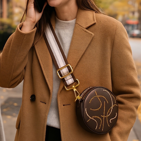 Trendy Adjustable Brown Silver Stripe Bag Replacement Strap Golden Hardware - Picture 3 of 9